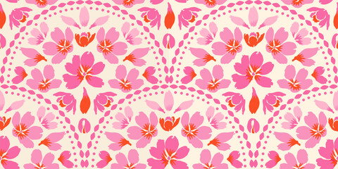 Hand drawn floral damask seamless pattern. Hawaiian flower print, summer holiday background in vintage style. Tropical plant painting. Design for fabric, textile, wallpaper and decoration.