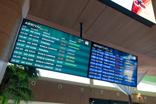 Langkawi, Malaysia - July 20, 2024: digital flight information display system at Langkawi International Airport terminal.