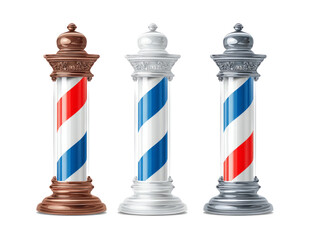 A set of three classic barber poles in bronze, white, and silver finishes. A traditional sign for a barbershop or hair salon.