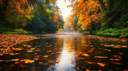Obraz premium A serene river flowing through an autumn forest, vibrant changing leaves on trees and floating on water surface, peaceful nature scene.
