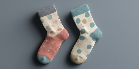 Two pairs of colorful polka dot patterned socks in different colors on plain background

