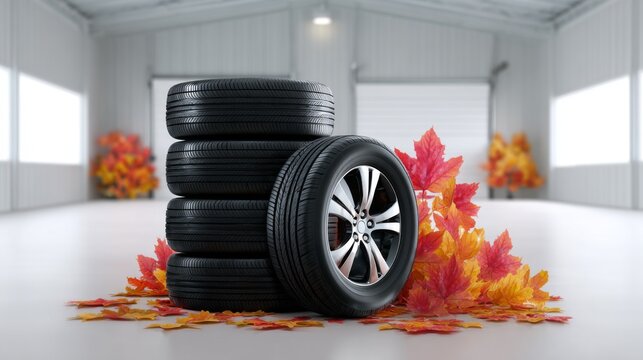 Stack of car tires with an autumn theme. Seasonal vehicle maintenance concept for fall tire changes or storage.