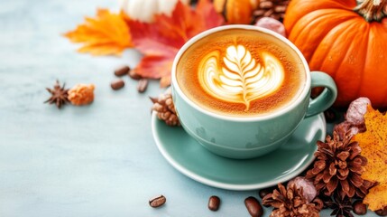 Pumpkin spice latte with leaf art in a teal cup on a pale blue table with autumn leaves and pinecones for Halloween.