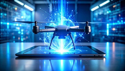 Futuristic concept of drone integration with a luminous digital network. A UAV hovers over a tablet, processing data in a high-tech server room.