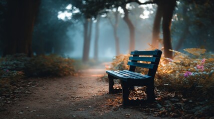 Empty wooden bench standing on a footpath in a foggy autumn park during sunrise. Misty morning landscape of a tranquil forest.