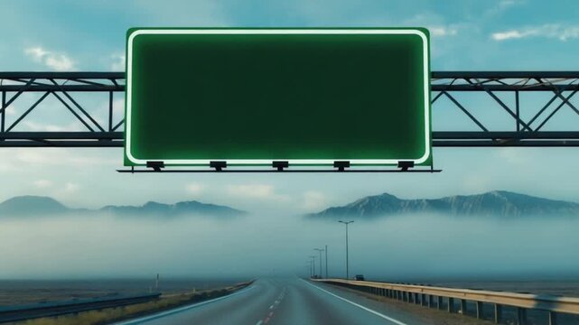 Empty highway with a blank billboard illuminated at dusk, surrounded by misty mountains