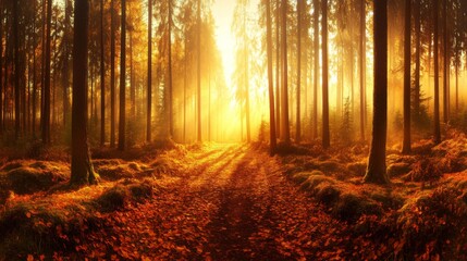 Obraz premium Forest pathway in autumn with sunlight shining through trees. Fall landscape with vivid orange and red leaves creating scenic view.