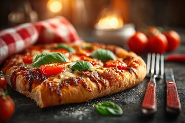 Delicious homemade pizza with fresh basil and tomatoes on a rustic table setting