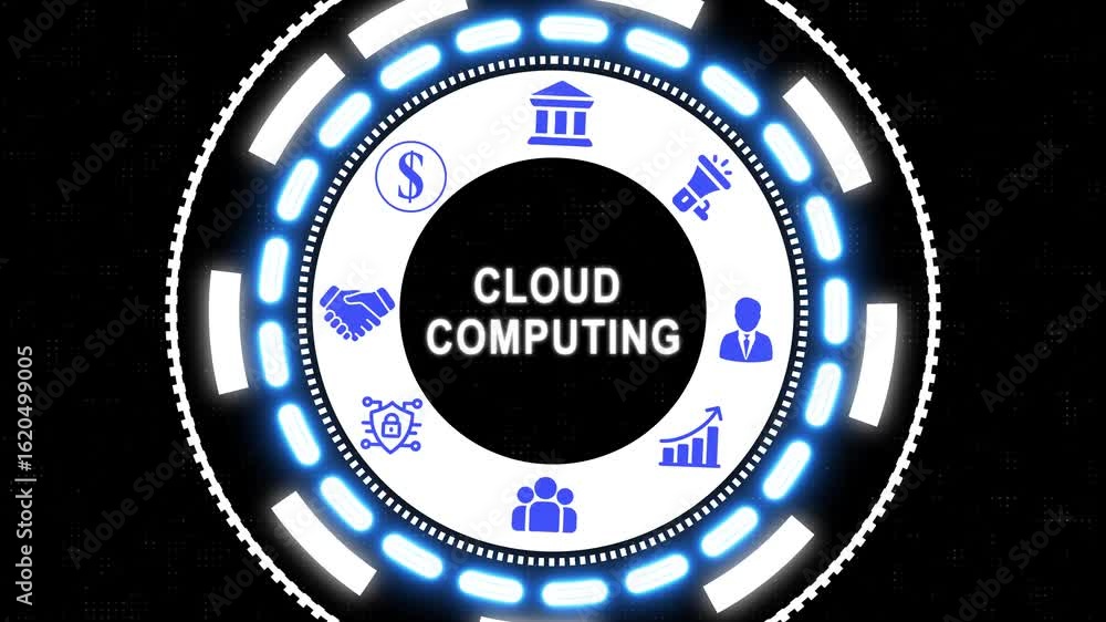 Poster cloud computing concept represented by a circular graphic with business icons