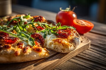Delicious pizza with tomatoes and arugula on a wooden board in the sunlight