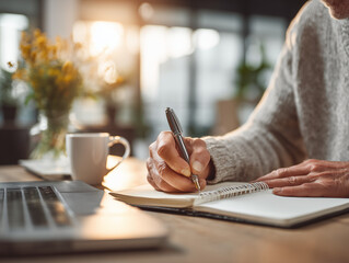 Cozy morning workspace with person writing in notebook beside laptop and coffee cup on wooden table