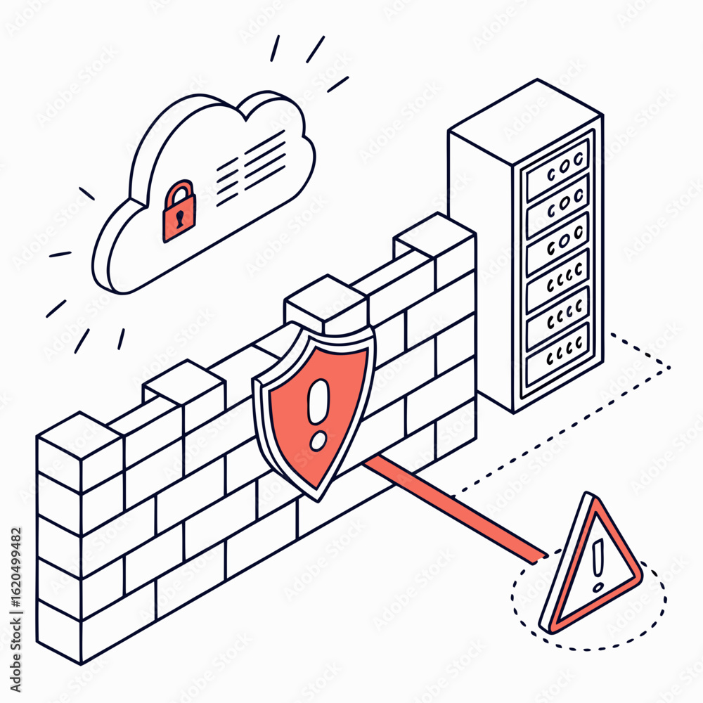 Poster cybersecurity concept of a firewall protecting a server and cloud data isolated on white background 