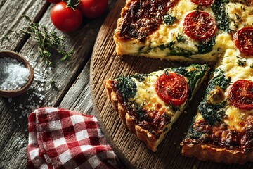 Delicious spinach and tomato quiche slices on a wooden board with salt and towel