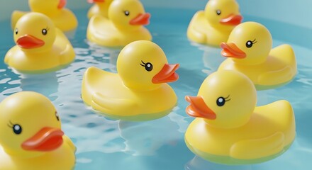 A group of classic yellow rubber duck toys floating peacefully in clear blue bath water