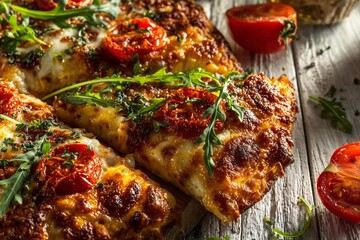 Delicious pizza slices with tomatoes and arugula on a rustic wooden surface, food