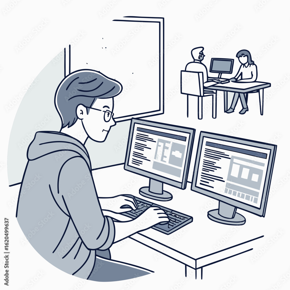 Fototapete young man working on computers in an office with colleagues in the background isolated on white back