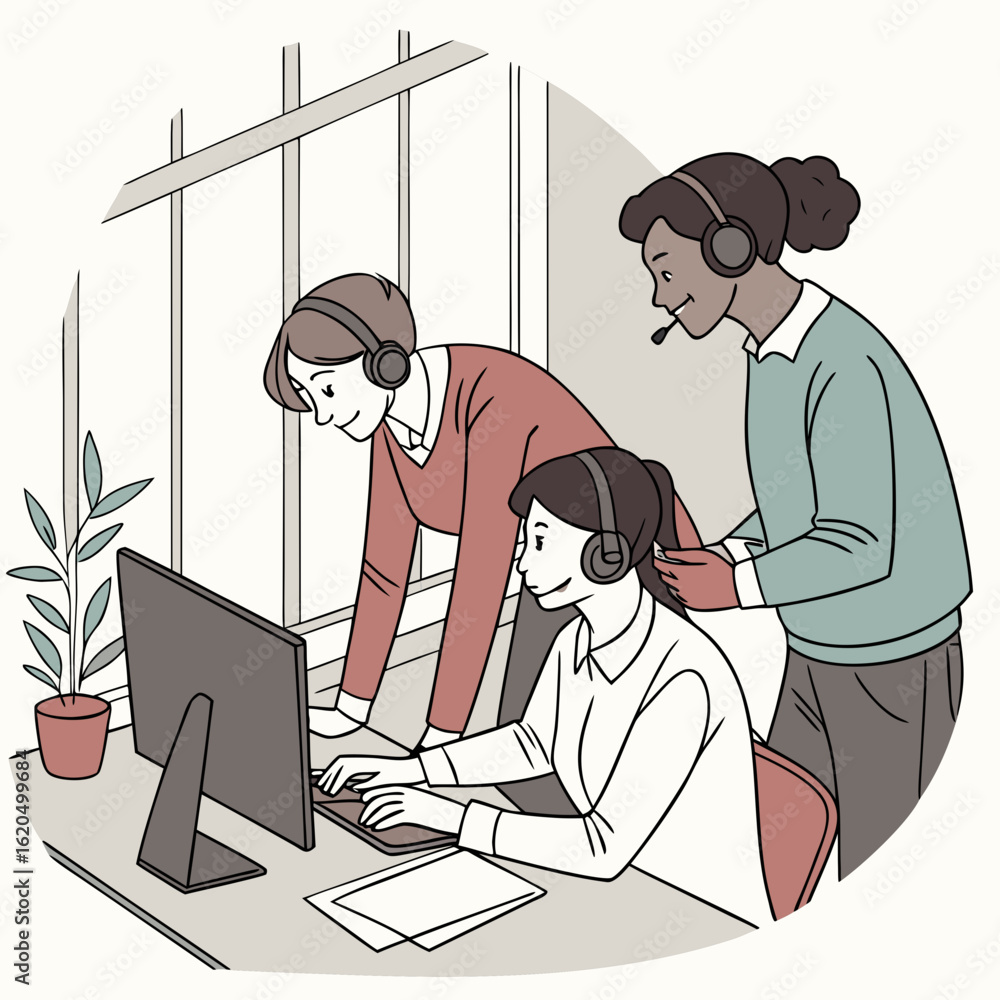 Poster diverse team collaborating at a computer with headsets isolated on white background isolated on tran