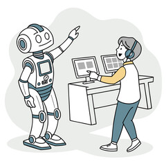 Robot and person working together at computers isolated on white background isolated on transparent background