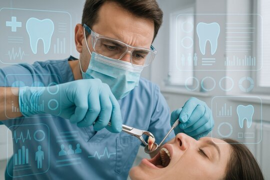 Male dentist extracting a tooth from a woman patient with modern dental tools and virtual display for treatment.