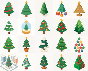 Colorful Various Style Christmas Tree Decorative Design Elements Collection