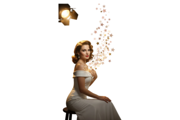 Elegant woman in white dress posing under spotlight with golden stars