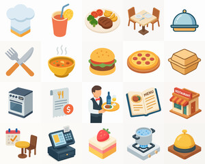 Isometric Delicious Restaurant Meal And Drink Item Icon Element Set