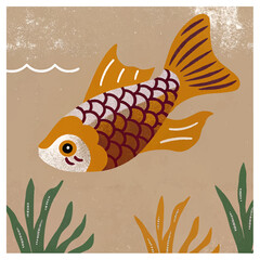 Vector art of a delightful illustration of a single orange goldfish swimming in shallow water with green aquatic plants, created in a charming, textured, and stylized artistic manner