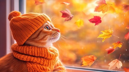 Orange cat in a knitted hat and scarf looks out a window at autumn leaves. Cozy fall and thanksgiving concept.