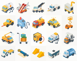 Isometric Detailed Airport Ground Service Vehicle Equipment Transportation Element Set