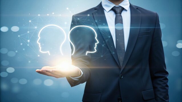 Businessman presenting digital human profiles dark suit