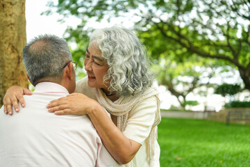 Obraz premium Happy Asian Senior Couple Relaxing Together in Park with Wheelchair