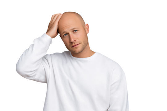 Bald man touching his head with eyes closed, expressing stress, pain, or fatigue. Isolated on transparent background, concept of headache or emotional struggle