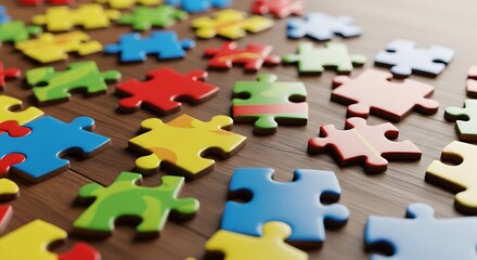 Colorful jigsaw puzzle pieces scattered on a wooden surface, educational mind game toys.