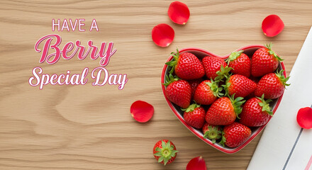 A heart-shaped bowl of strawberries with flower petals scattered around it on a wooden surface. Image text states, "Have a Berry Special Day."

