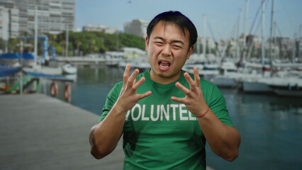 Young man in green volunteer shirt expressing emotions at seaside port with yachts visible in the...