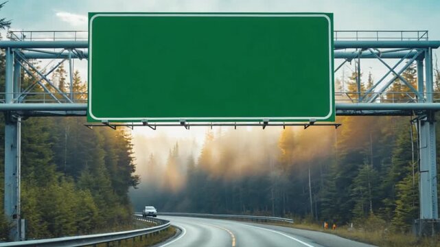 Empty highway sign on a scenic road surrounded by foggy forest landscape at dawn