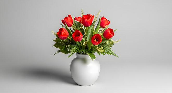 Elegant Bouquet of Red Tulips in a White Vase on a Neutral Background - Powered by Adobe