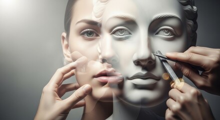 Artistic double exposure creates conceptual image about beauty, transformation, perfection. metaphor for plastic surgery, pressure of beauty standard, self-improvement, creation of idealized identity