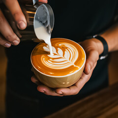 Barista Pouring Steamed Milk to Create Latte Art