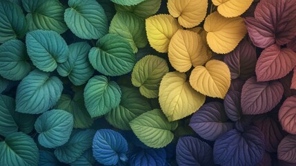 Colorful autumn leaves background with a gradient from blue to green, yellow, and red. Nature fall texture for season design.