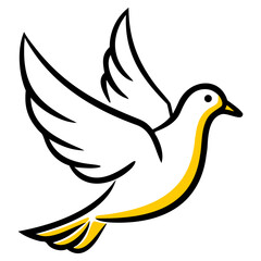 Vector art of a stylized white dove with yellow accents in flight, symbolizing peace, freedom, and hope, isolated on a white background