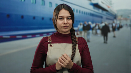 Woman in apron stands at seaside port with ship in background, expressing various emotions,...