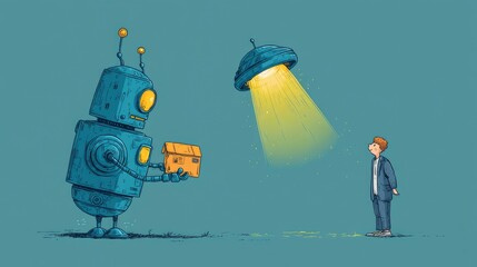 Cartoon robot delivering a futuristic glowing package to a human recipient, hovering effect, fun mix of future tech and humor, style cartoon