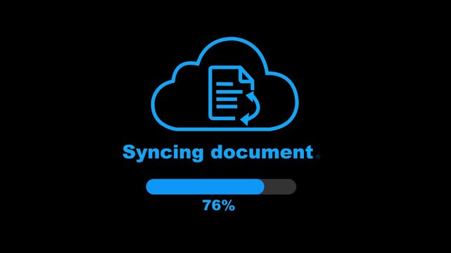 Cloud document syncing animation  showing progress bar. document transfer from cloud animation on black background. document transfer with loading animation.