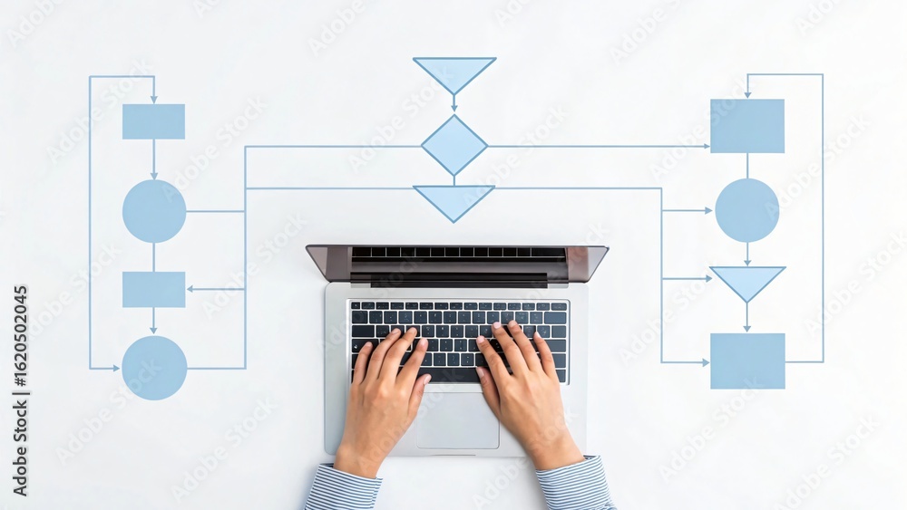Poster hands typing on laptop with flowchart process