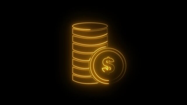 Glowing neon line Coin Doller symbol icon isolated on black background. Banking currency sign. Cash symbol. Doller coin stack icon animation symbolizes financial growth and profit.