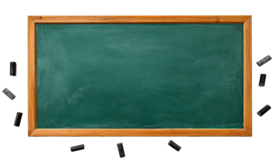 Blank green chalkboard with a wooden frame and dusters isolated on a white background. School and education concept with copy space.