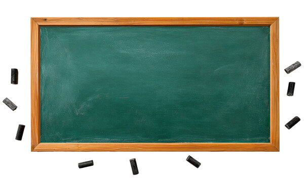Blank green chalkboard with a wooden frame and dusters isolated on a white background. School and education concept with copy space.