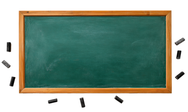 Blank green chalkboard with a wooden frame and dusters isolated on a white background. School and education concept with copy space.