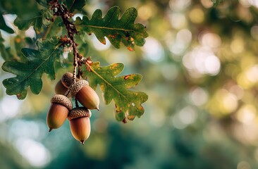 Close-Up of Acorn on Oak Tree Branch with Sunlit Green Leaves and Blurred Background in Natural Light